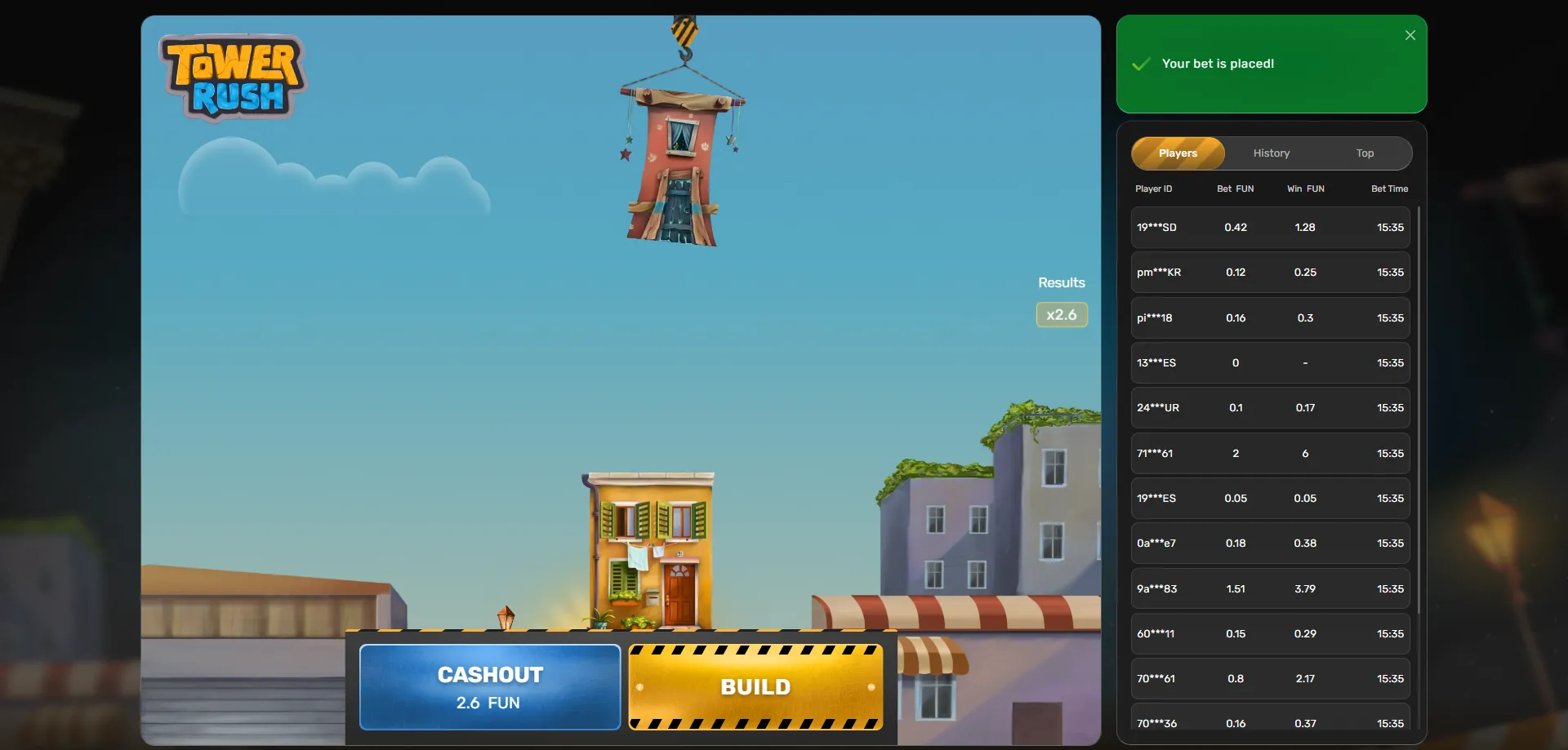 لعبة tower rush melbet — واجهة البناء التصاعدي وعداد المضاعفات